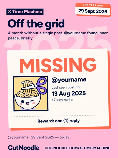 Example X Time Machine card: a missing poster for an account that posted nothing for a month