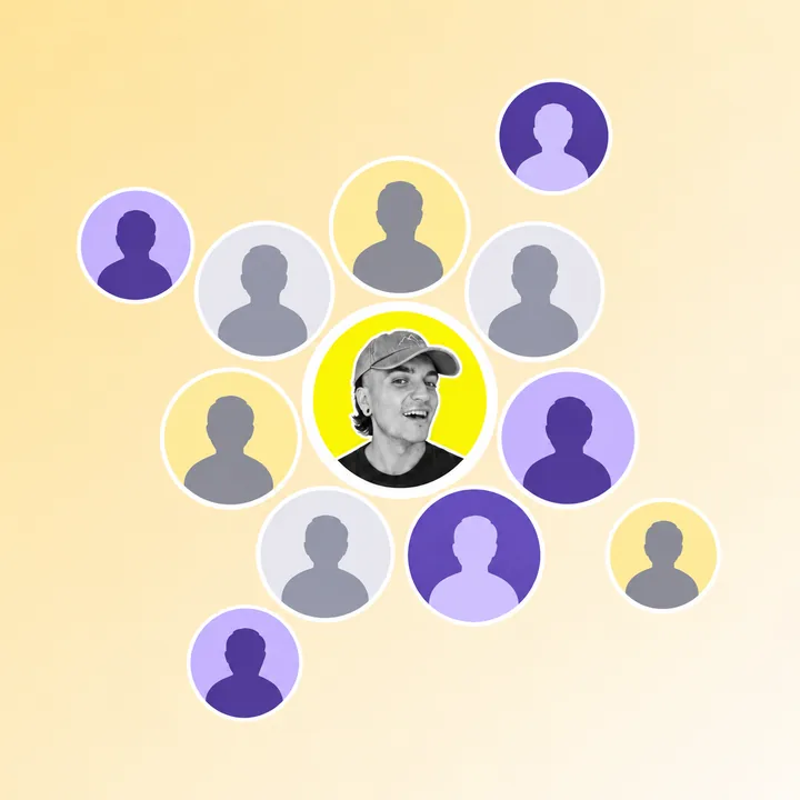 Example X circle on a gold background, with a dozen people around the centre