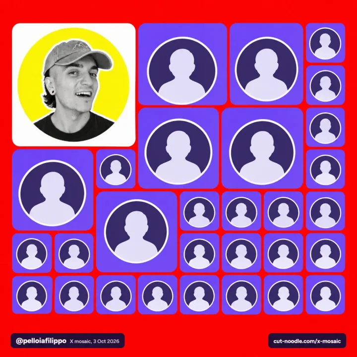 Example X mosaic on a red background: one large profile photo, six medium tiles and many small ones