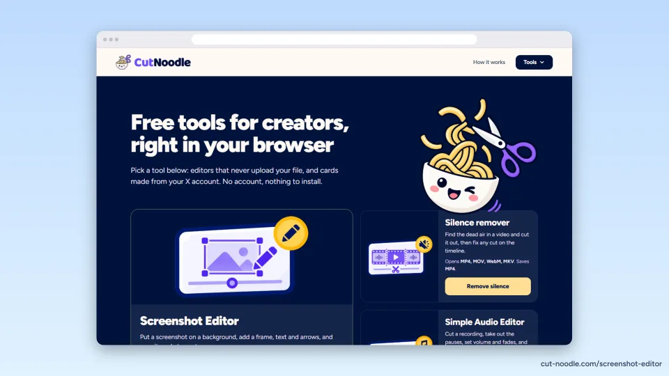The CutNoodle home page in a browser window on a light blue gradient