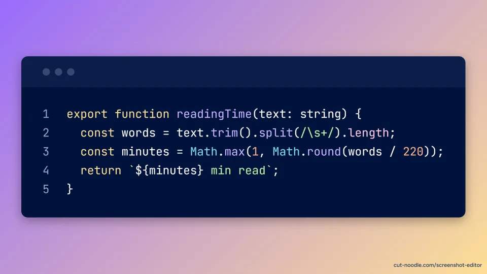 A short TypeScript function as a code image on a purple and gold gradient